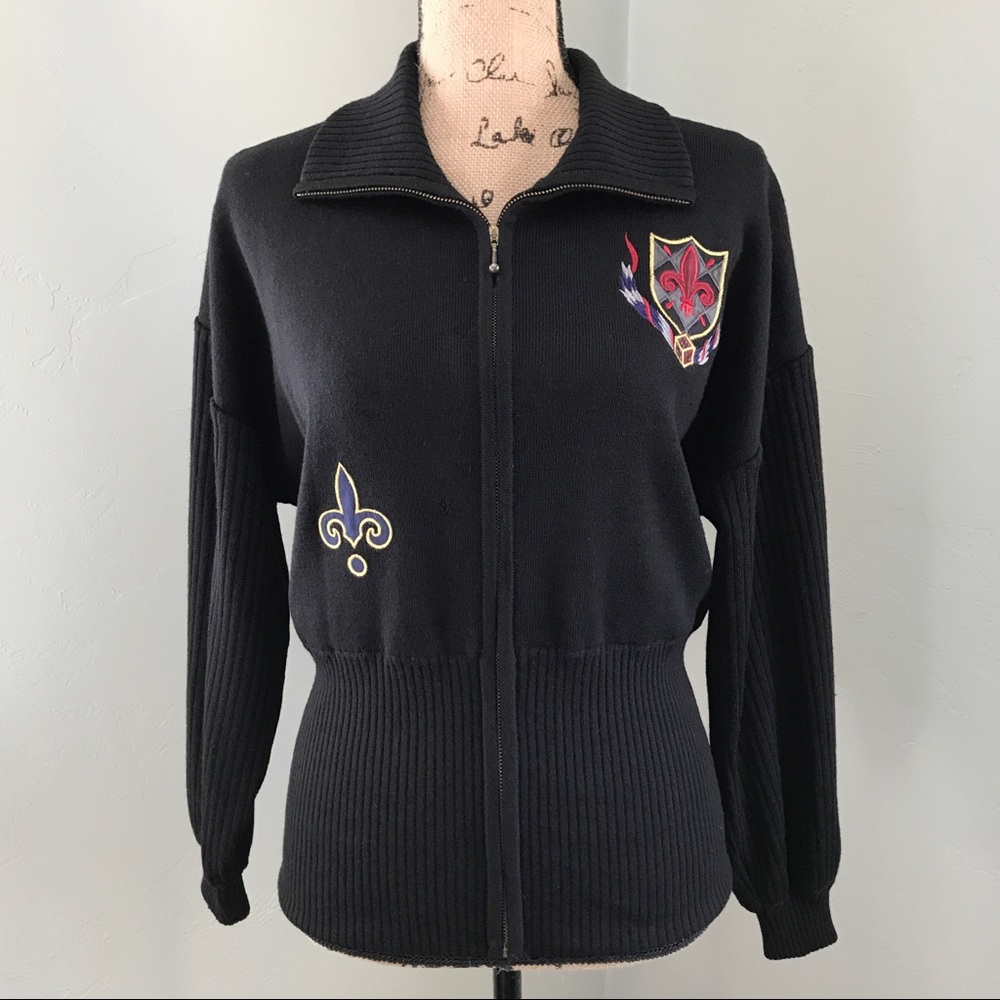 Vintage Laurèl Fleur De Lis Black Zip Up Sweater